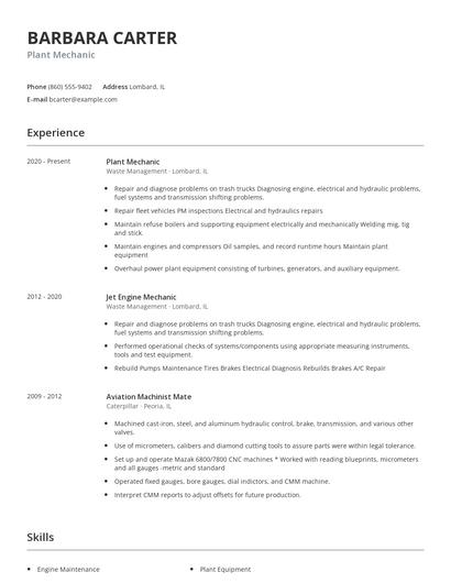 Plant Mechanic Resume