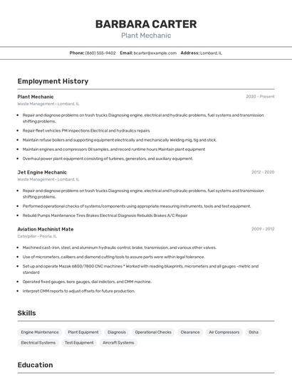 Plant Mechanic Resume
