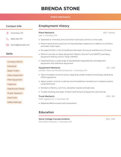 Plant Mechanic Resume