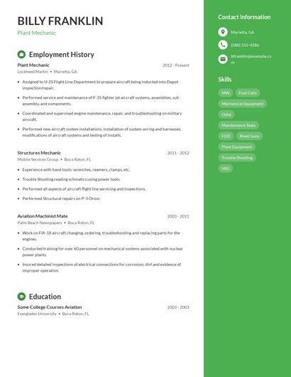 Plant Mechanic Resume