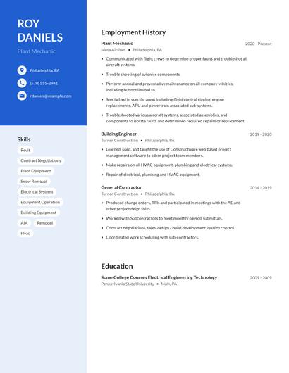 Plant Mechanic Resume