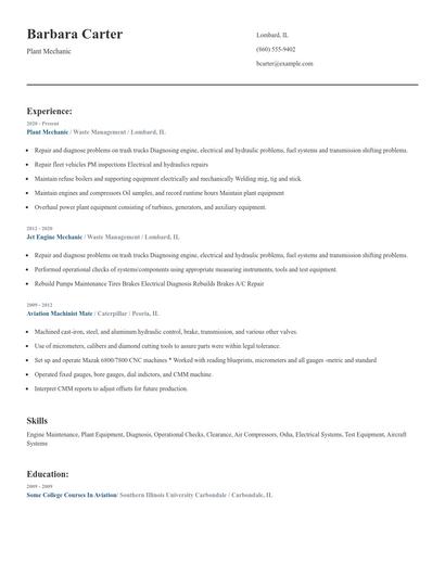 Plant Mechanic Resume