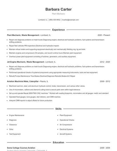 Plant Mechanic Resume