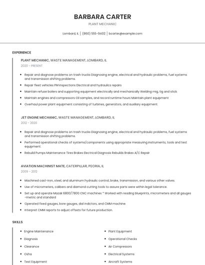 Plant Mechanic Resume