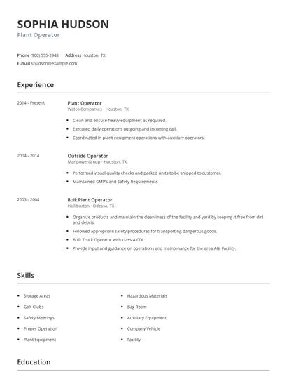 Plant Operator Resume