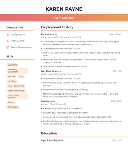 Plant Operator Resume
