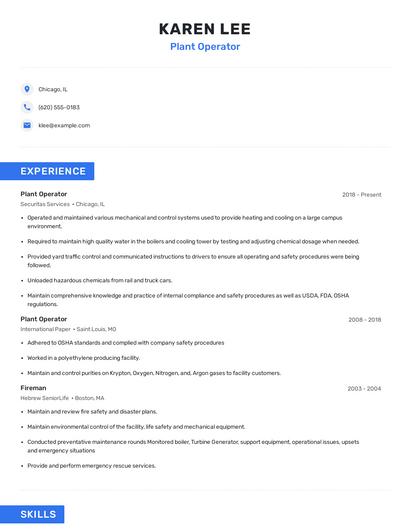 Plant Operator Resume