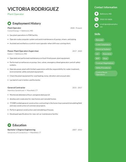 Plant Operator Resume