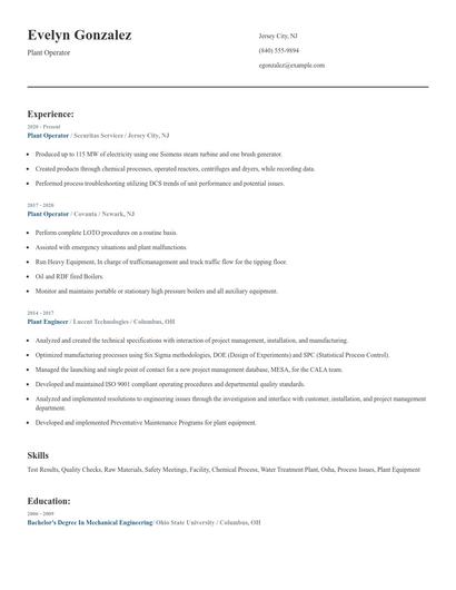 Plant Operator Resume