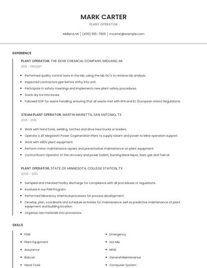 Plant Operator Resume