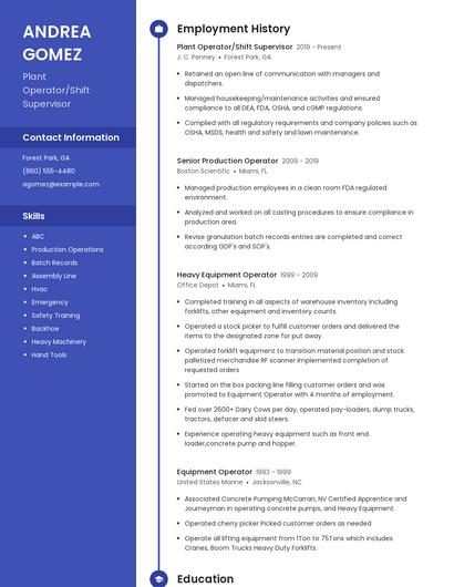 Plant Operator/Shift Supervisor Resume