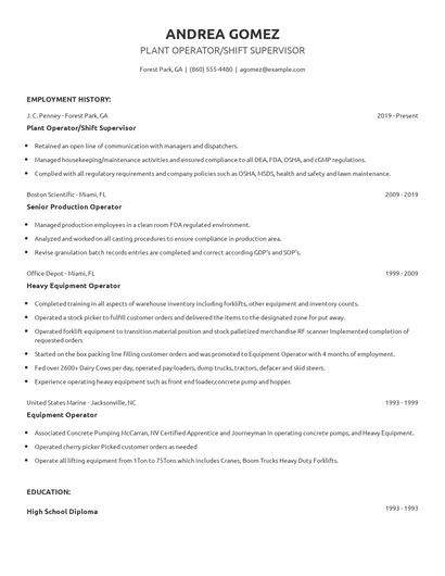Plant Operator/Shift Supervisor Resume