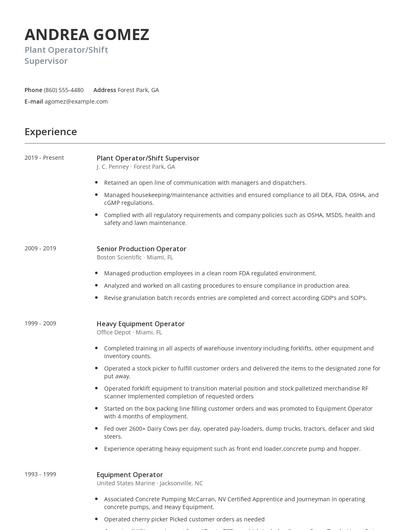 Plant Operator/Shift Supervisor Resume