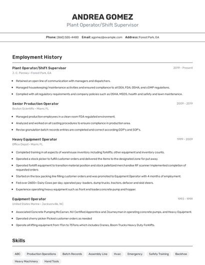 Plant Operator/Shift Supervisor Resume