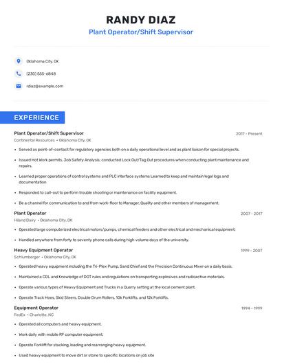 Plant Operator/Shift Supervisor Resume