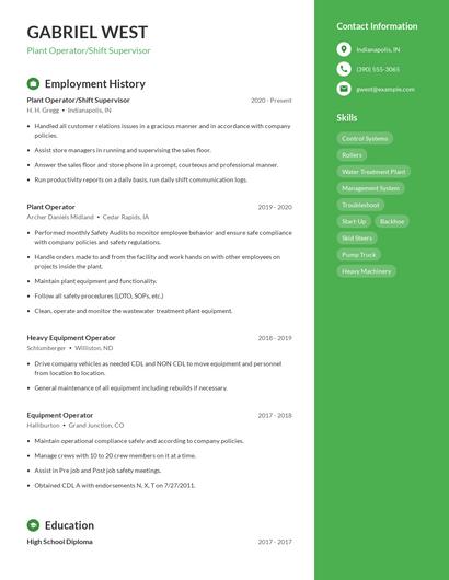 Plant Operator/Shift Supervisor Resume