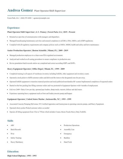 Plant Operator/Shift Supervisor Resume