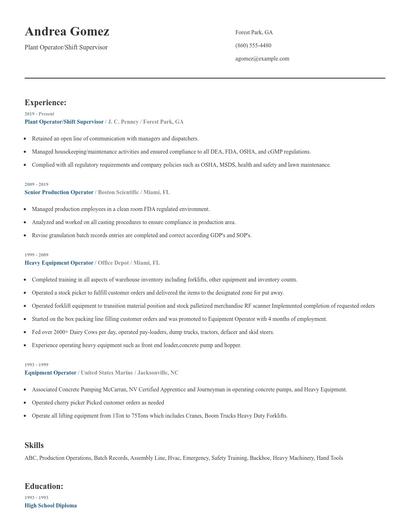 Plant Operator/Shift Supervisor Resume