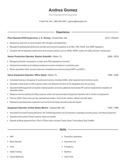 Plant Operator/Shift Supervisor Resume