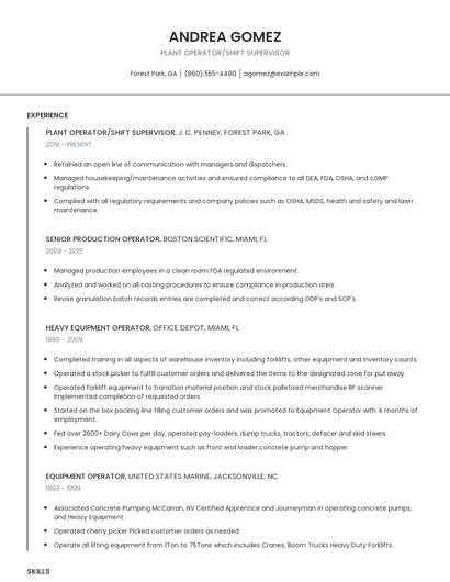 Plant Operator/Shift Supervisor Resume