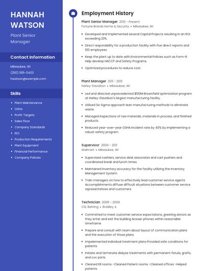 Plant Senior Manager Resume