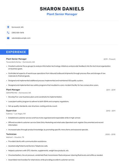 Plant Senior Manager Resume
