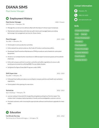 Plant Senior Manager Resume