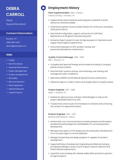 Plant Superintendent Resume