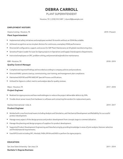 Plant Superintendent Resume