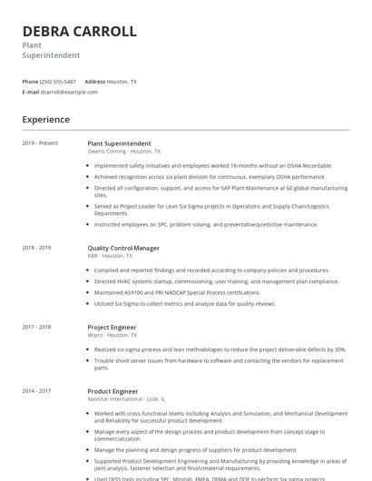Plant Superintendent Resume