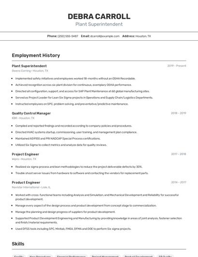 Plant Superintendent Resume