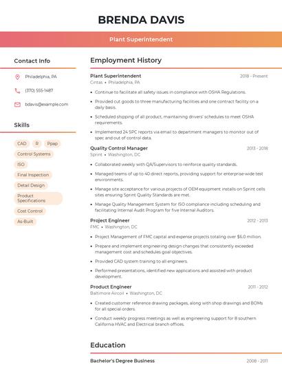 Plant Superintendent Resume