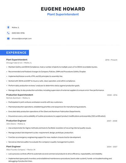 Plant Superintendent Resume