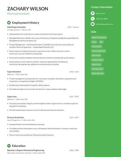 Plant Superintendent Resume