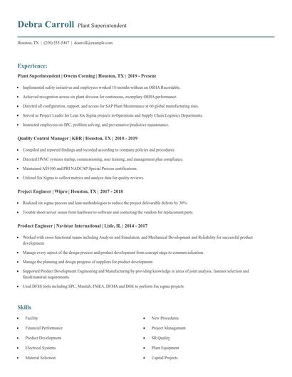 Plant Superintendent Resume