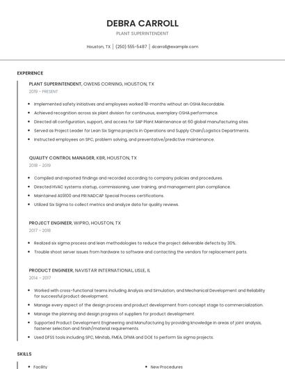 Plant Superintendent Resume
