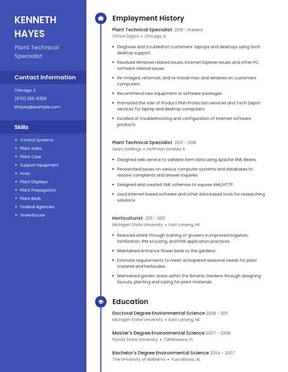 Plant Technical Specialist Resume