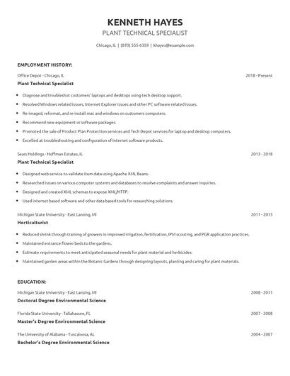 Plant Technical Specialist Resume