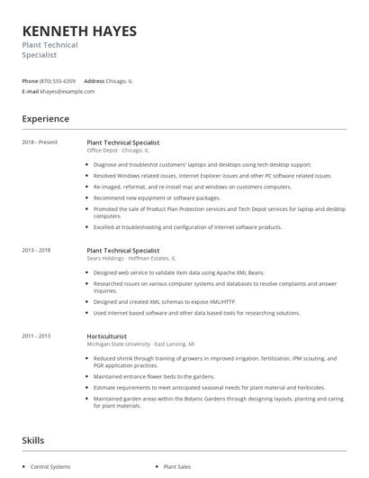 Plant Technical Specialist Resume