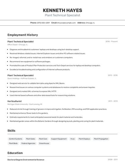 Plant Technical Specialist Resume