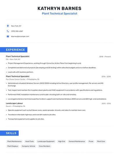 Plant Technical Specialist Resume