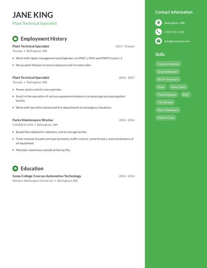 Plant Technical Specialist Resume