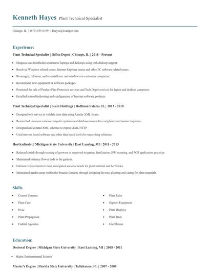 Plant Technical Specialist Resume
