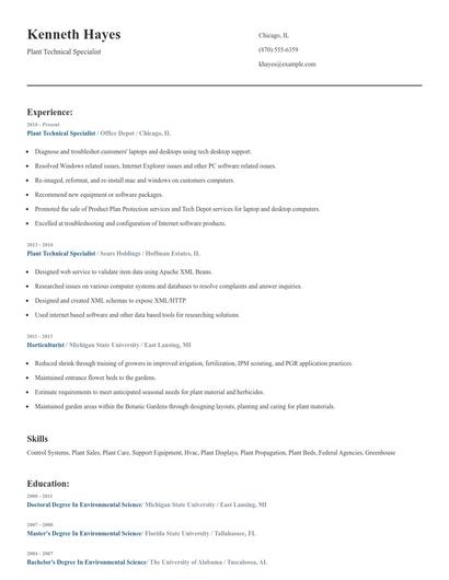 Plant Technical Specialist Resume
