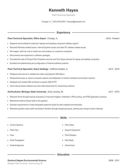 Plant Technical Specialist Resume