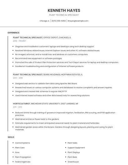 Plant Technical Specialist Resume