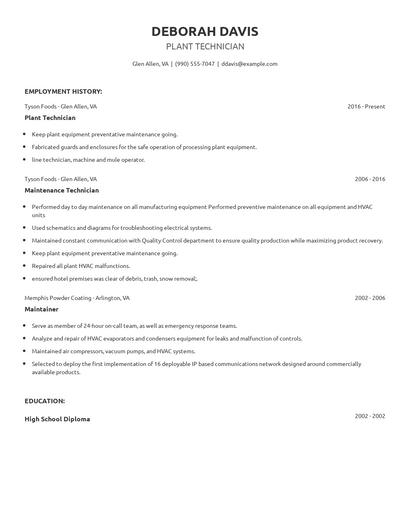 Plant Technician Resume