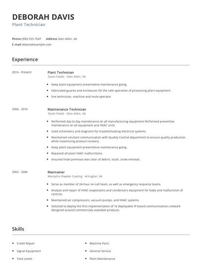 Plant Technician Resume