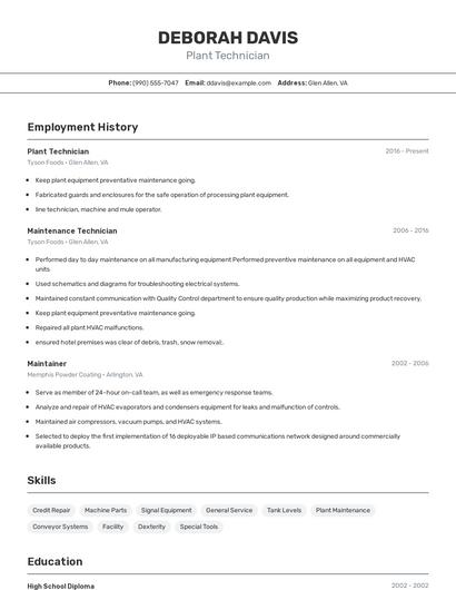 Plant Technician Resume