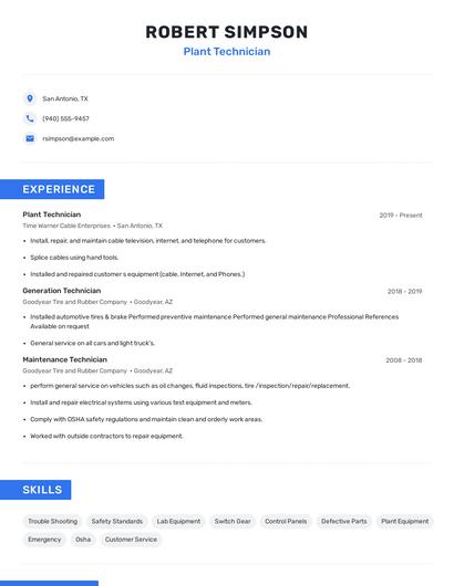 Plant Technician Resume